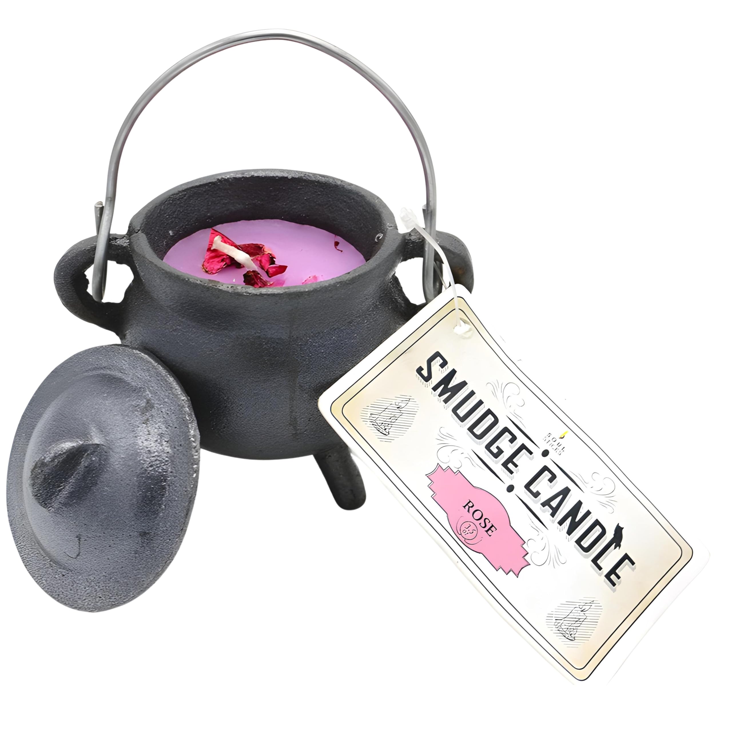 Reusable 4-Inch Cast Iron Cauldron Candle with Lid and Hanging Handle | Ritual & Aromatherapy Candle for Spell Casting, Smudging, Home Cleansing | Herb-Infused with Essential Oils (Rose)