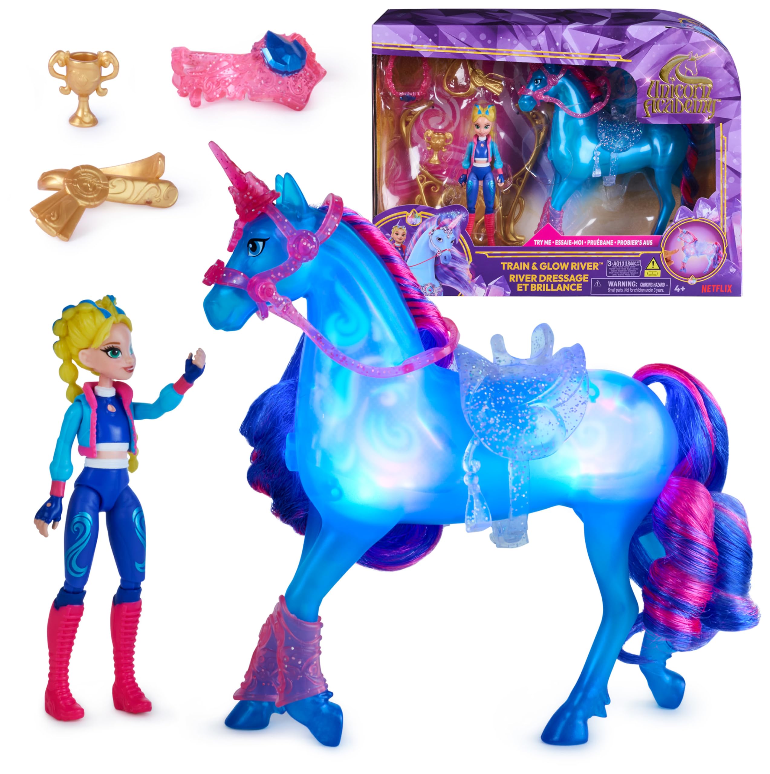 Unicorn Academy - Train and Glow River mit Isabel Set, ca 12 cm Originalfiguren zur Netflix Serie, mit Leuchtfunktion und Trainingszubehörteilen, für Kinder ab 4 Jahren