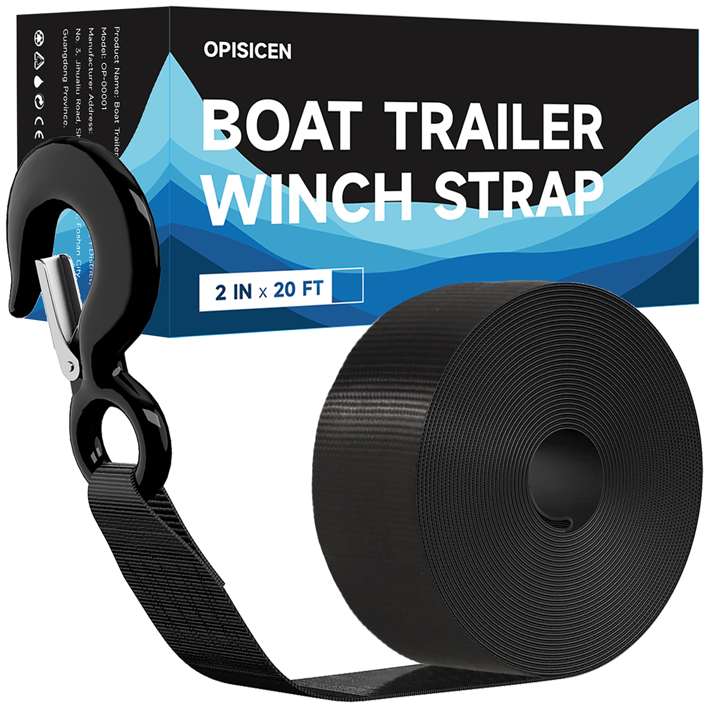 Heavy Duty Boat Trailer Winch Strap with Hook - 2" x 20' - 10,816lbs Breaking Strength, Hand Crank, Automotive Towing