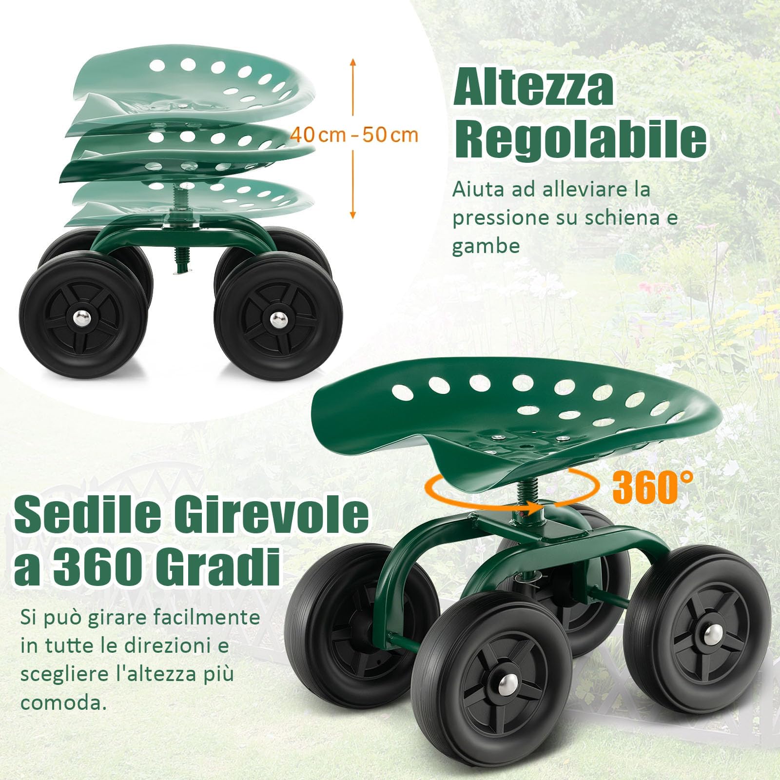 RELAX4LIFE Sgabello da Giardino con Ruote, Regolabile in Altezza, Sedia da Giardinaggio in Metallo, Portata 150 kg, per Giardino, Prato e Cortile