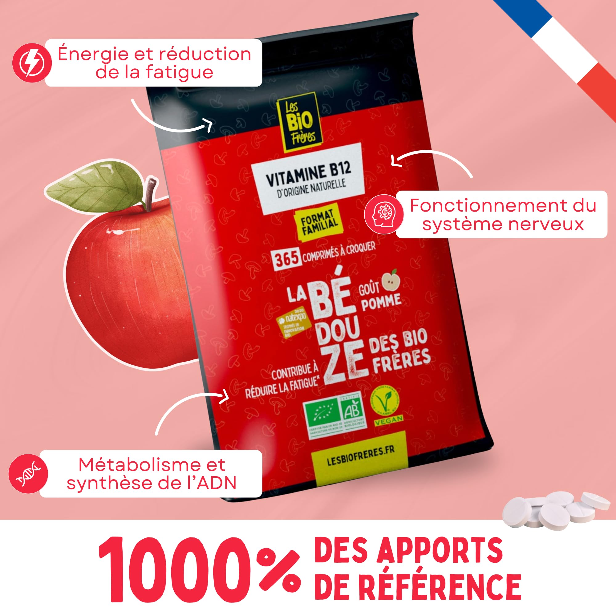 Vitamine B12 – 3 Formes Actives : Méthyl, Hydroxy, Adénosyl – Vegan – Cure Énergie, Immunité & Système Nerveux (365 Comprimés, Pomme)