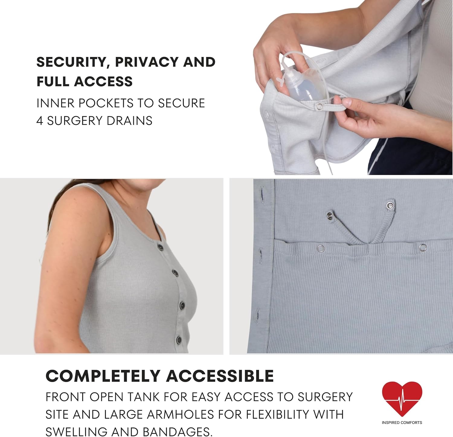 Inspired Comforts Post Surgery Mastectomy Recovery Ribbed Tank top with Drain Pocket & Button Front - Image 2