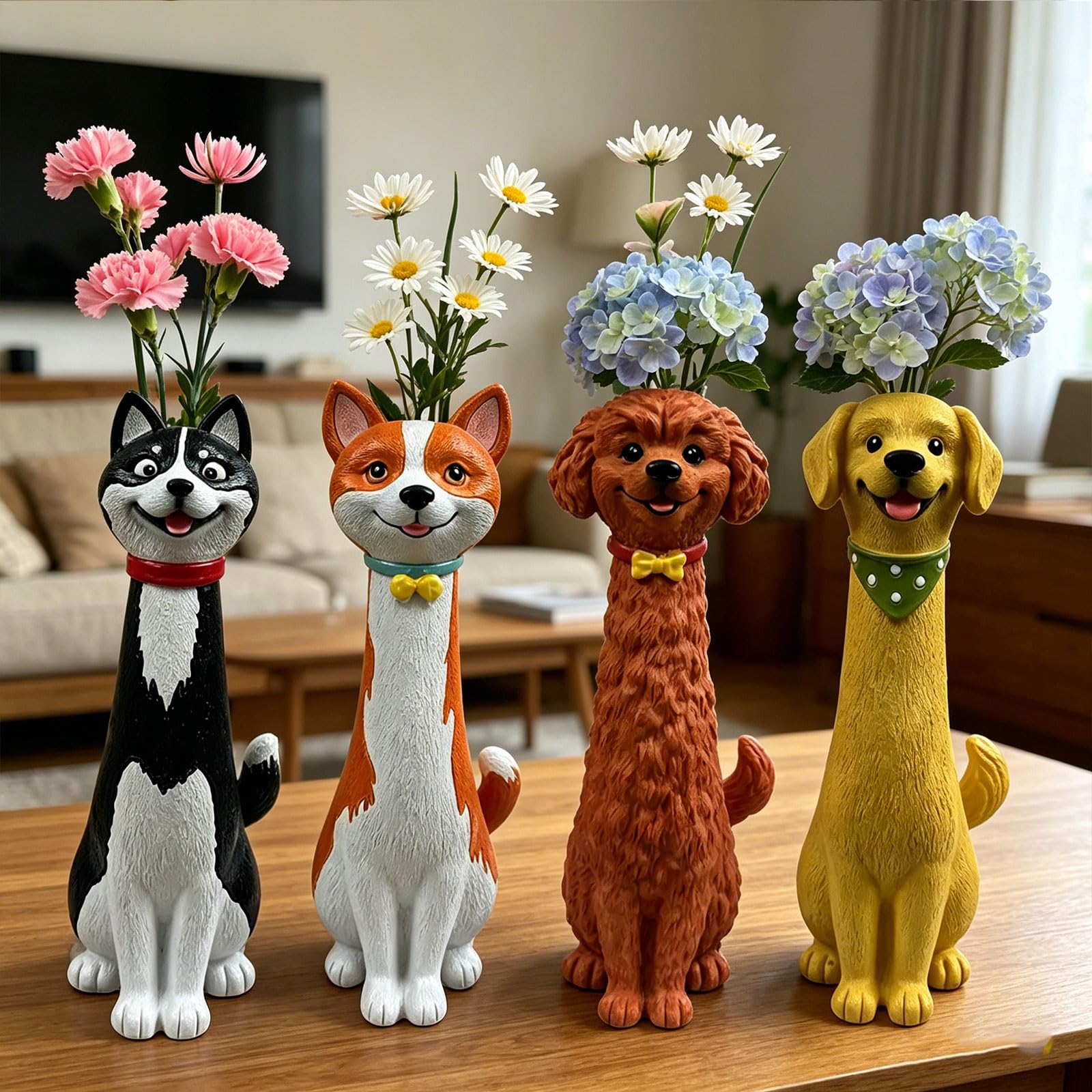 Grazioso contenitore in resina a forma di cane, ideale per piccole composizioni floreali e decorazione della casa da tavolo