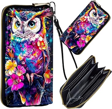 Womens Wristlet Wallets for Ladies, RFID Blocking Leather Zipper Handbag Clutch Purse Money Holder Organizer for Travel Shopping, Flower Owl
