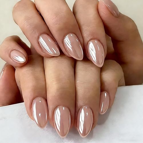 Chrome Cream Nude Press on Nails Short Almond, Glazed Cute