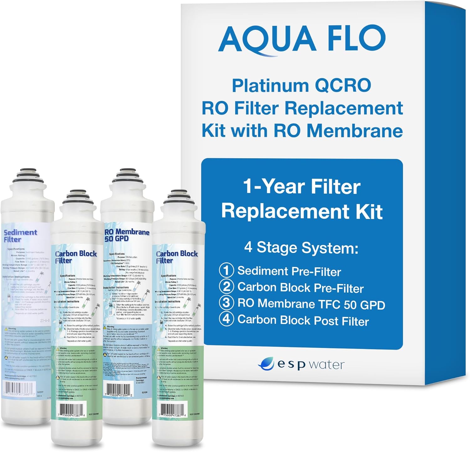 Genuine Aqua Flo Platinum QCRO RO Filter Kit with 50 GPD Membrane and Cartridges | 4-Stage Filtration, Easy Install, Contaminant Reduction, Improved Taste, Cost-Effective Water Solution