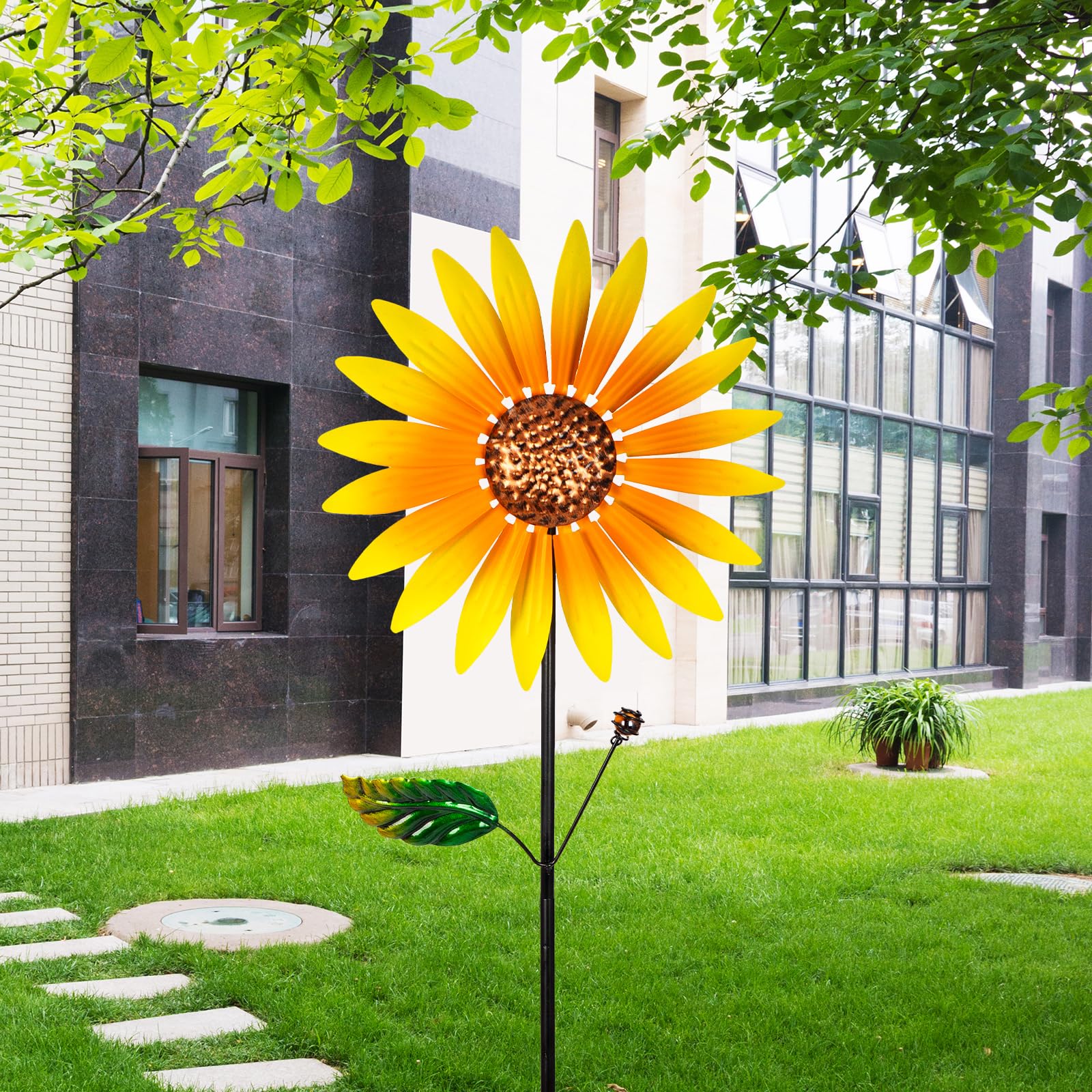 pearlstar Sonnenblume Windrad Metall, 2er-Pack Windspiel Garten Mit Metallpfahl, 94cmx25cm Windspinner Gartendeko Für Draußen Balkon Terrasse Rasen