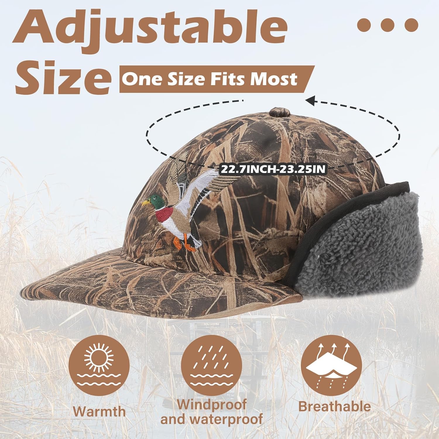 Duck Winter Hunting Hat Camo Warm Hat with Sherpa Lined Ear Flap Waterproof Windproof for Men Cold Weather - Image 2