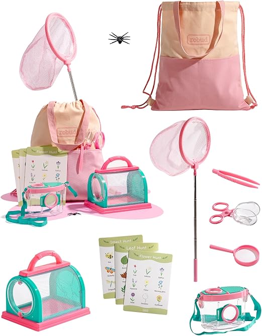 ROBUD Kids Explorer Kit, Bug Catcher Kit with Bag Kit, Pink Outdoor Exploration Set for Camping, Montessroi Toy for Kids Coming Closer to Nature,WRP28