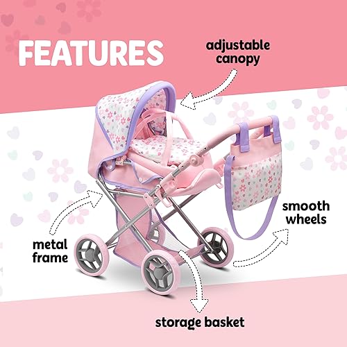 Miniatura 3 de Cochecito convertible de muñeca con moisés de viaje extraíble para niños, asa ajustable, con toldo y cesta de almacenamiento, 25 pulgadas, color