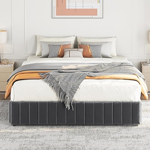 Miniatura 3 de Yaheetech Base de cama tamaño matrimonial tapizada con 3 cajones de almacenamiento, gran espacio de almacenamiento, listones de madera fuertes,