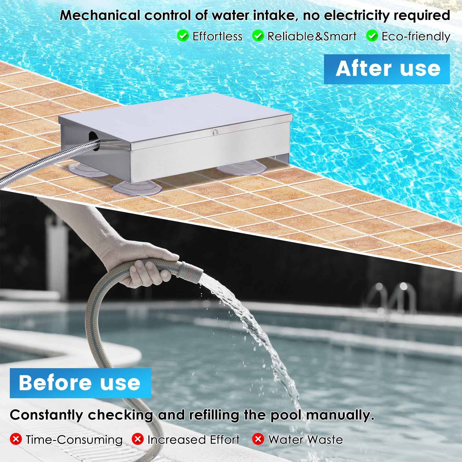 Llenador automático de agua para piscina, llenado automático, control de nivel de agua de cascada con válvula flotante para piscina, spa, estanque, piscina, llenado automático (plateado)