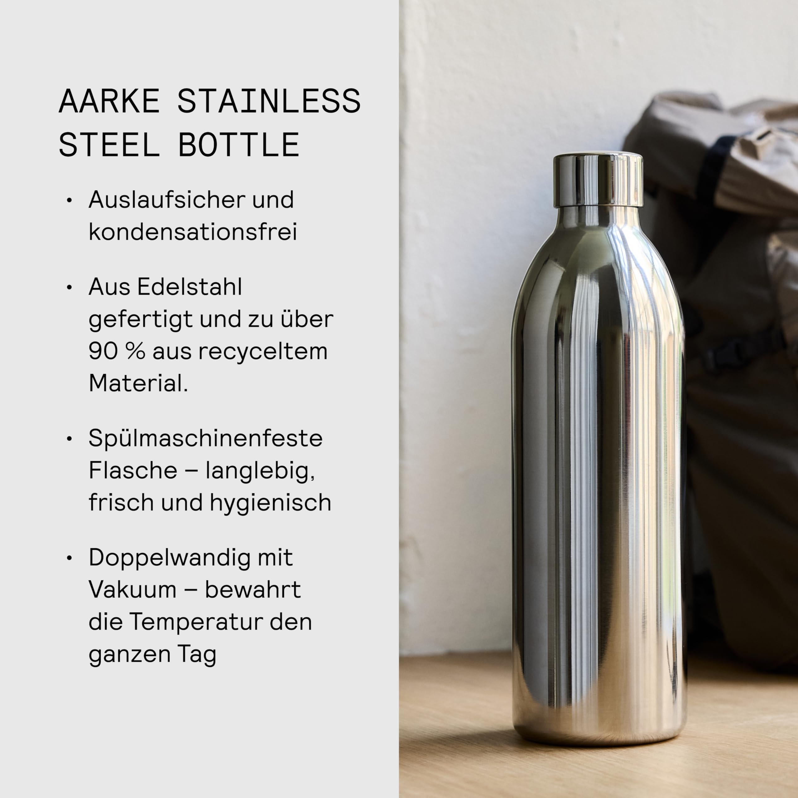 aarke To-Go Bottle Edelstahl Trinkflasche für stille & sprudelnde Getränke, kompatibel Carbonator 3, Doppelwandig & vakuumisoliert, auslaufsicher & spülmaschinenfest, (1L)