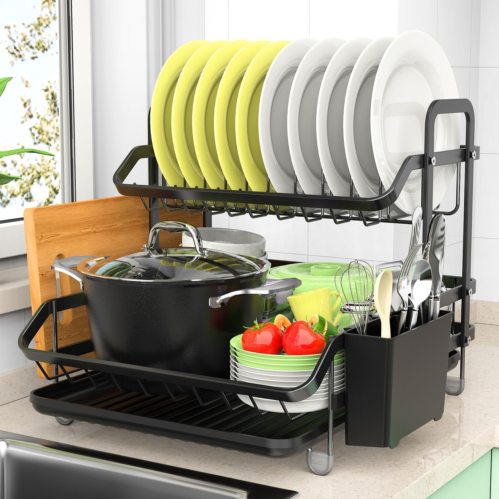 ViviDreamore 2-Tier Abtropfgestell Geschirr mit Besteckhalter & Handtuchstange, Große Kapazität, Rostfreier Carbonstahl, Platzsparender Küchenorganizer für Teller Tassen Besteck Schwarz