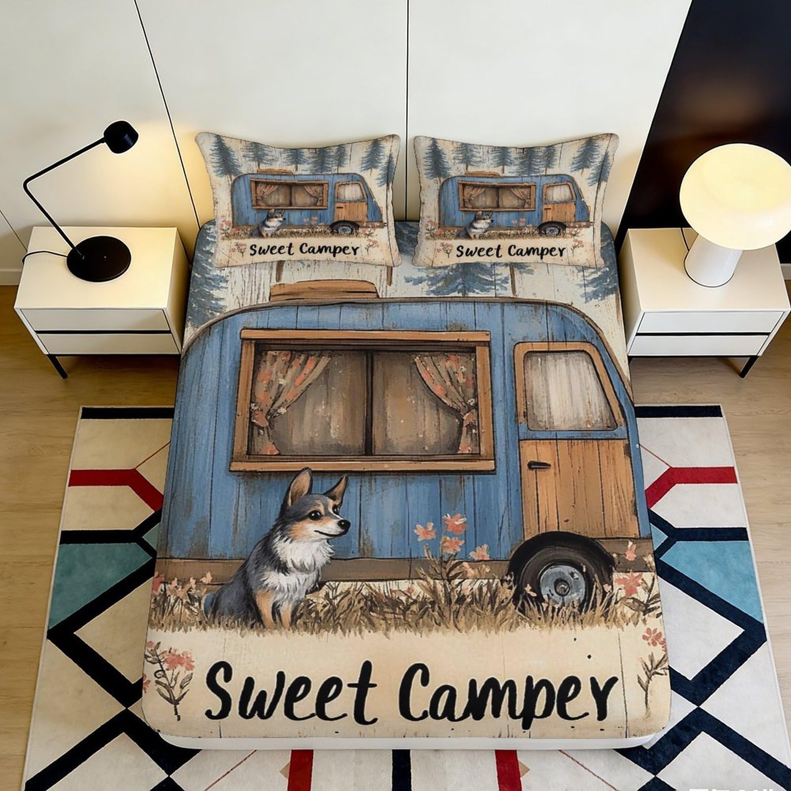 3D Printed Sweet Camper Fitted Sheet Microfiber Soft Durable Blue Campervan Bed Cover for Bedroom Dormitory Guest Room Mattress Protection 120x200x25cm