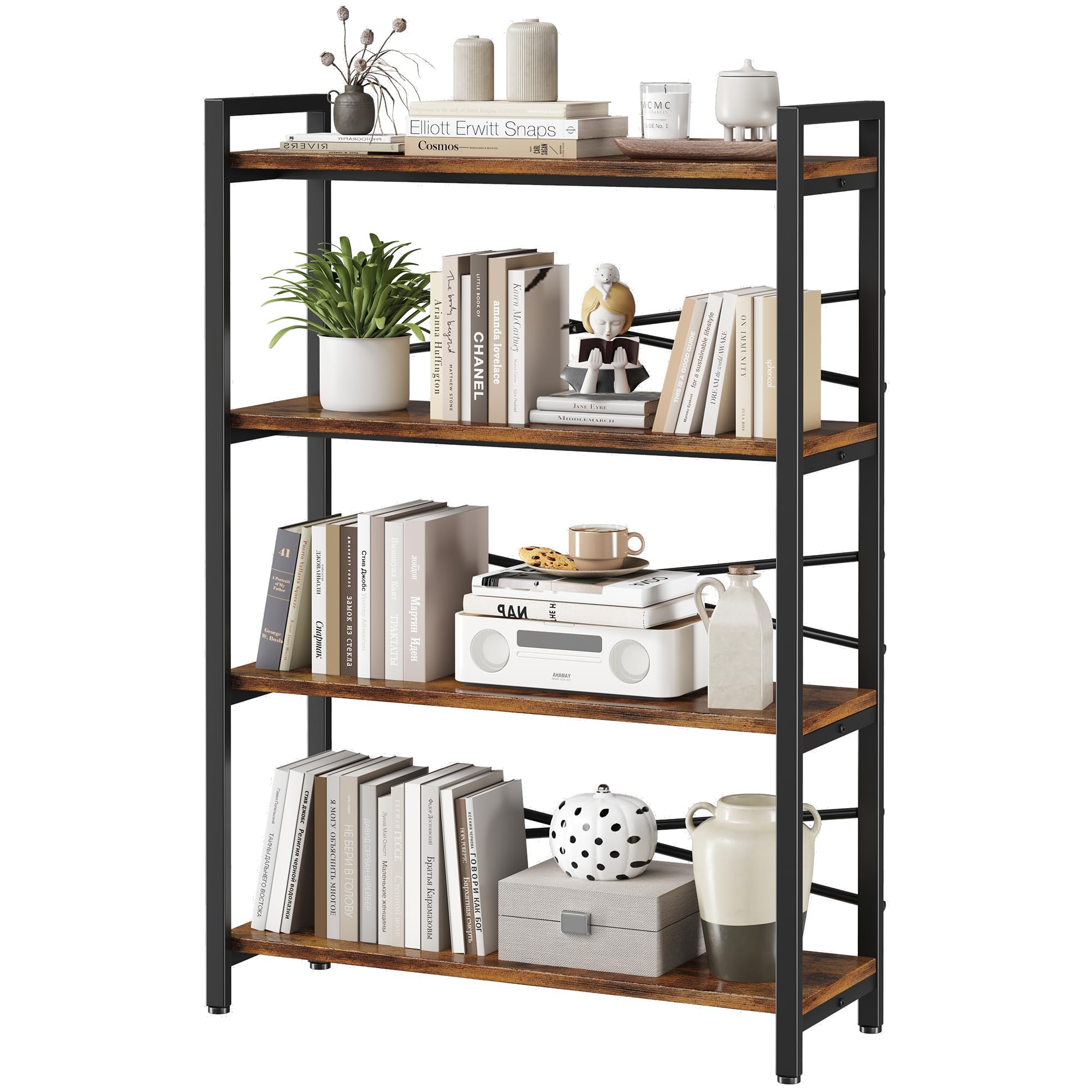 4 Tier Bookshelf 31.49" Width, Book Organizers and Storage, Wood and Metal Tall Bookcase, Rustic Book Shelf Organization and Storage for Home Living Room Bedroom Office Storage(Rustic Brown)