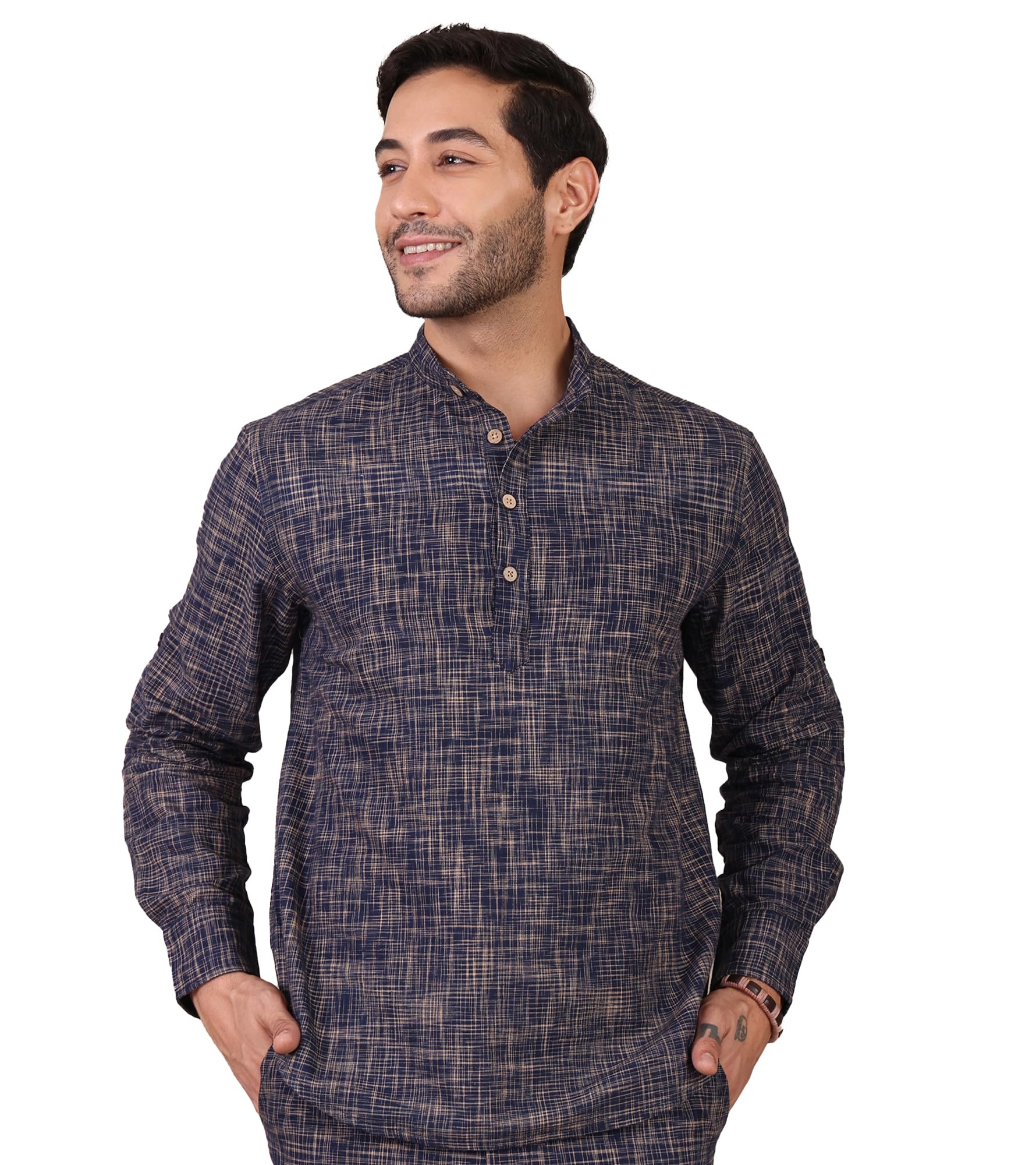 amanush Men's Khadi Textured Pure Cotton Navy Blue Short Kurta for Men|Full Sleeve|Self-Textured|Mandarin Collar|Mens Casual Shirts Kurtas|Indo Western|Ethnic Wear|Festival|Latest-picture-16