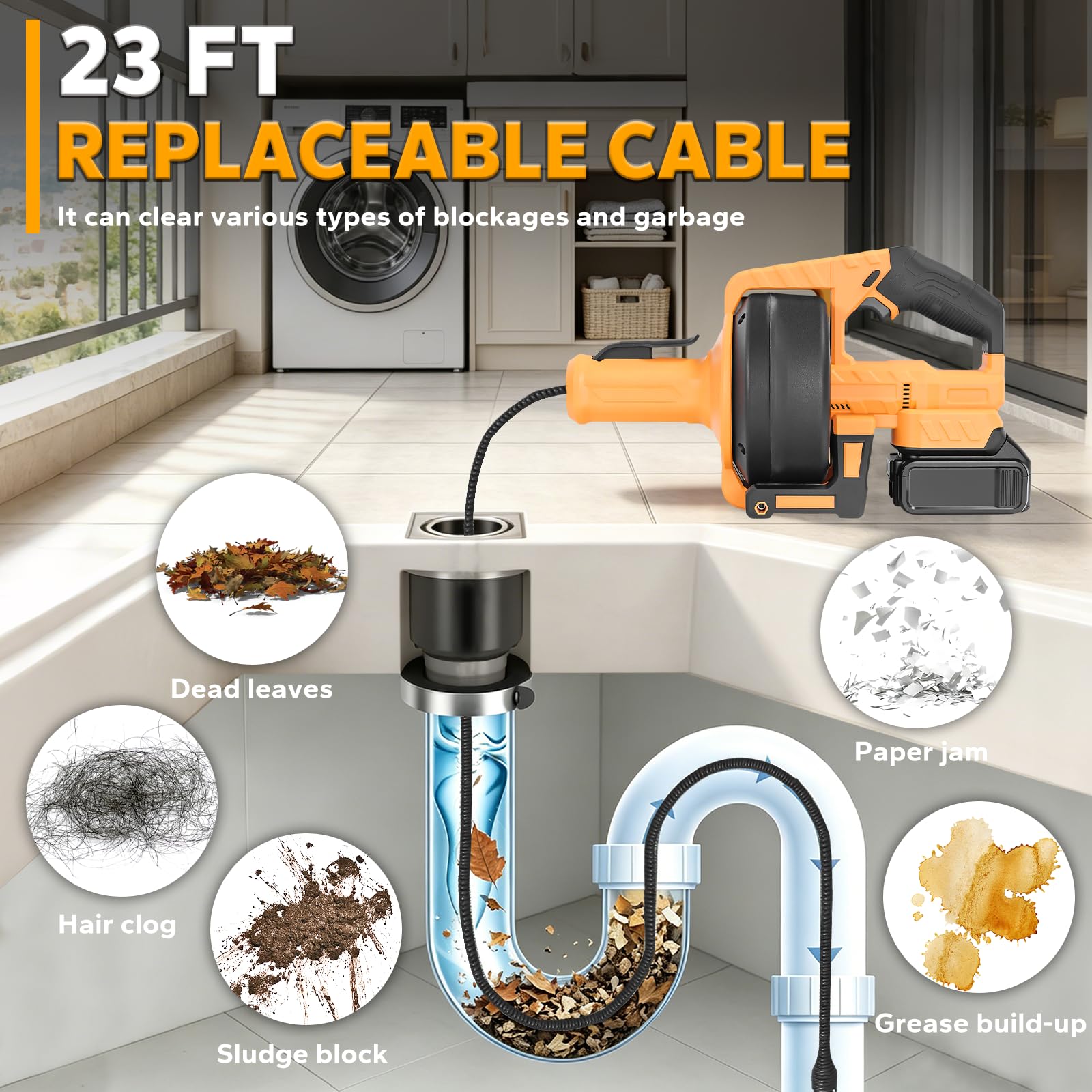 Taladro de drenaje inalámbrico para batería Dewalt de 20 V, serpiente de drenaje de fontanería de alimentación automática de 610 RPM con cable reemplazable de 23 pies para fregadero, inodoro, bañera