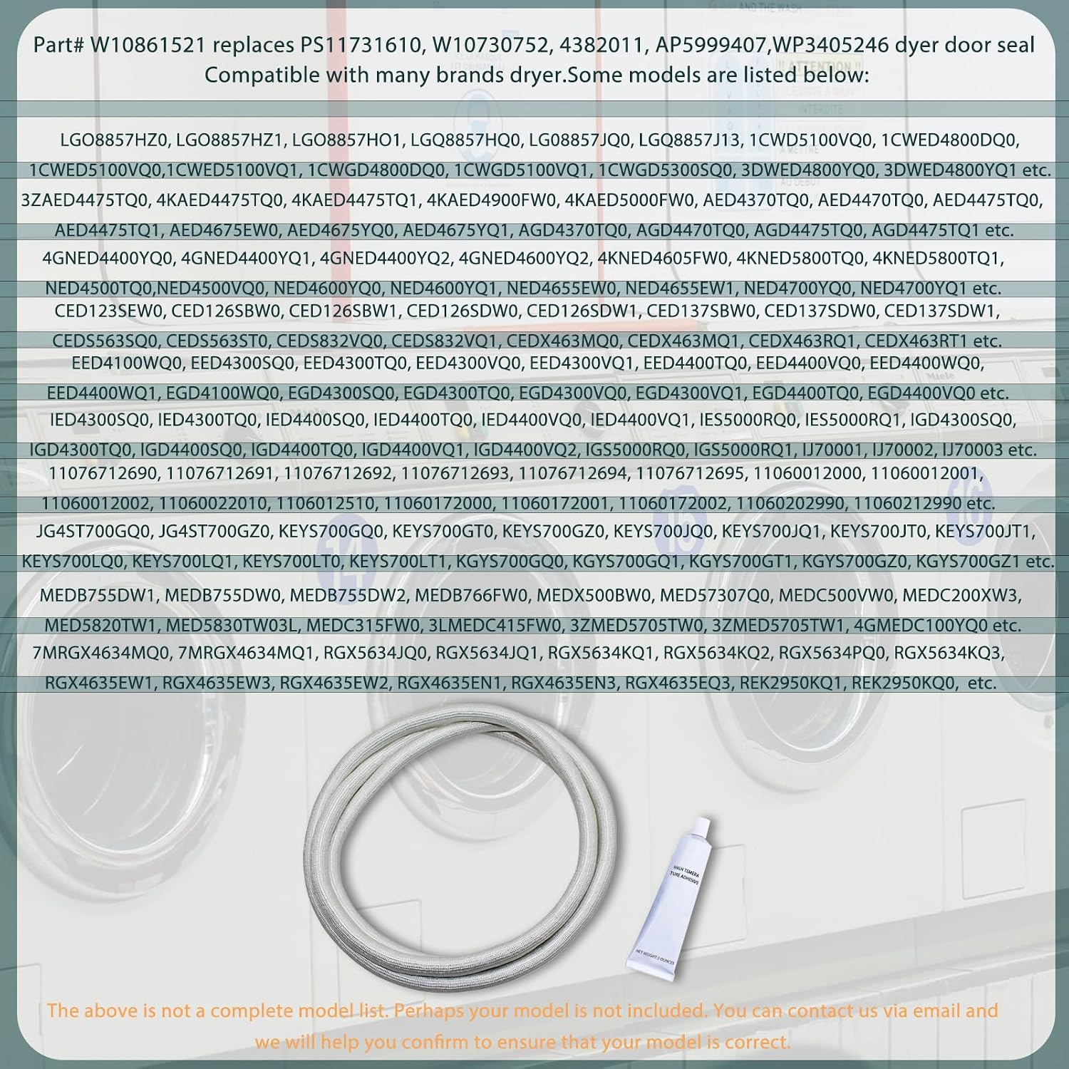 Upgraded W10861521 Dryer Door Seal Part# W10861521 Replaces PS11731610 W10730752 4382011,Compatible with Kenmore, Maytag, Amana, Crosley, Inglis and Whirlpool Dryers - 3-Year Warranty