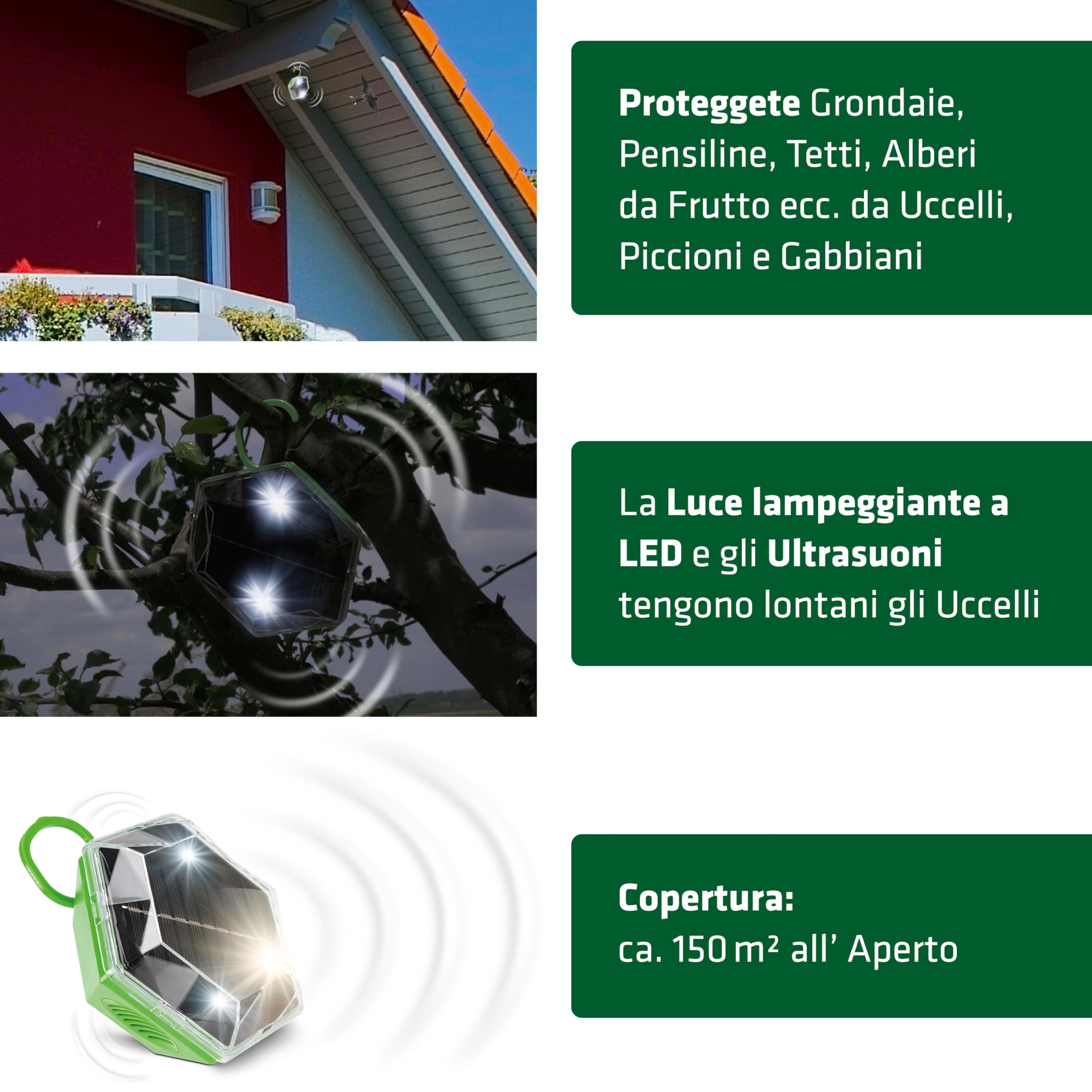 Gardigo® Dissuasore per Piccioni, Ultrasuoni per Piccioni da Esterno | Luce Led | Protezione 360°, Raggio Azione ca.7 m | Anti Piccioni | Spaventa Uccelli | Scaccia Piccioni da Balcone, Alberi