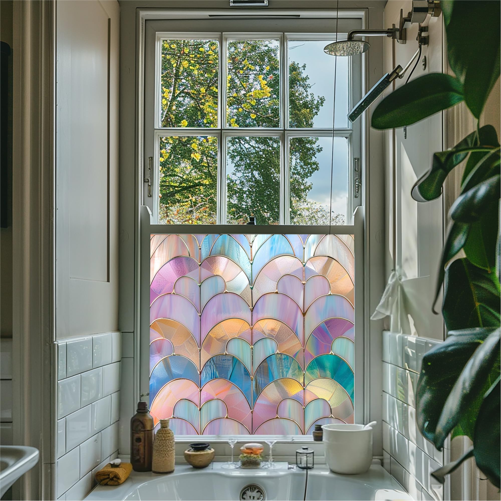 Grüne Art Deco Buntglas-Fensterfolie, selbstklebend, Sichtschutz, Fensterfolie für Badezimmer, Küche, Haustür, wasserabweisend, dekoratives Vinyl, Lichtfilterung, Fächermuster (50 cm x 50 cm)