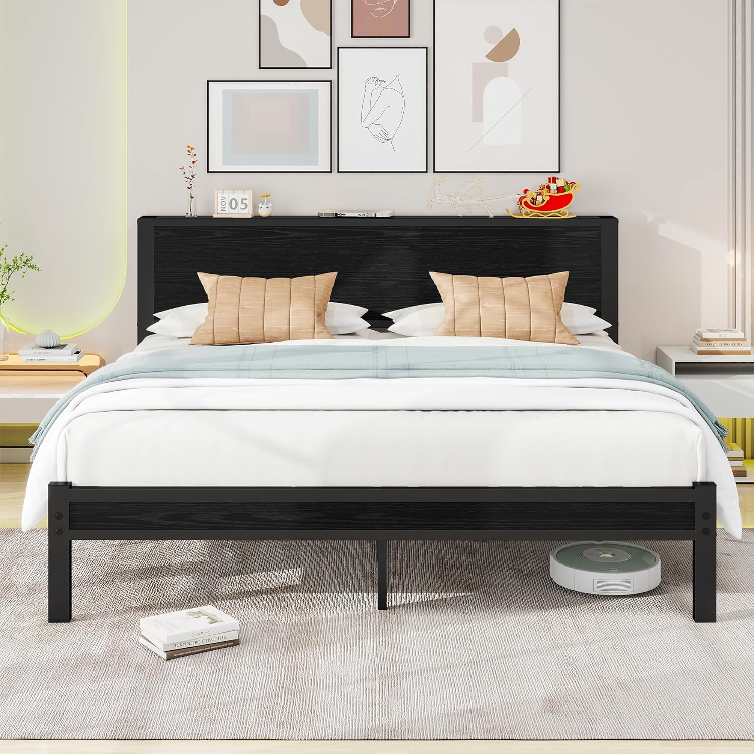 Queen Bed Frame with Wood Headboard, Platform Bed Frame Queen Size with Storage, Heavy Duty/Mattress Foundation/No Box Spring Needed/Black