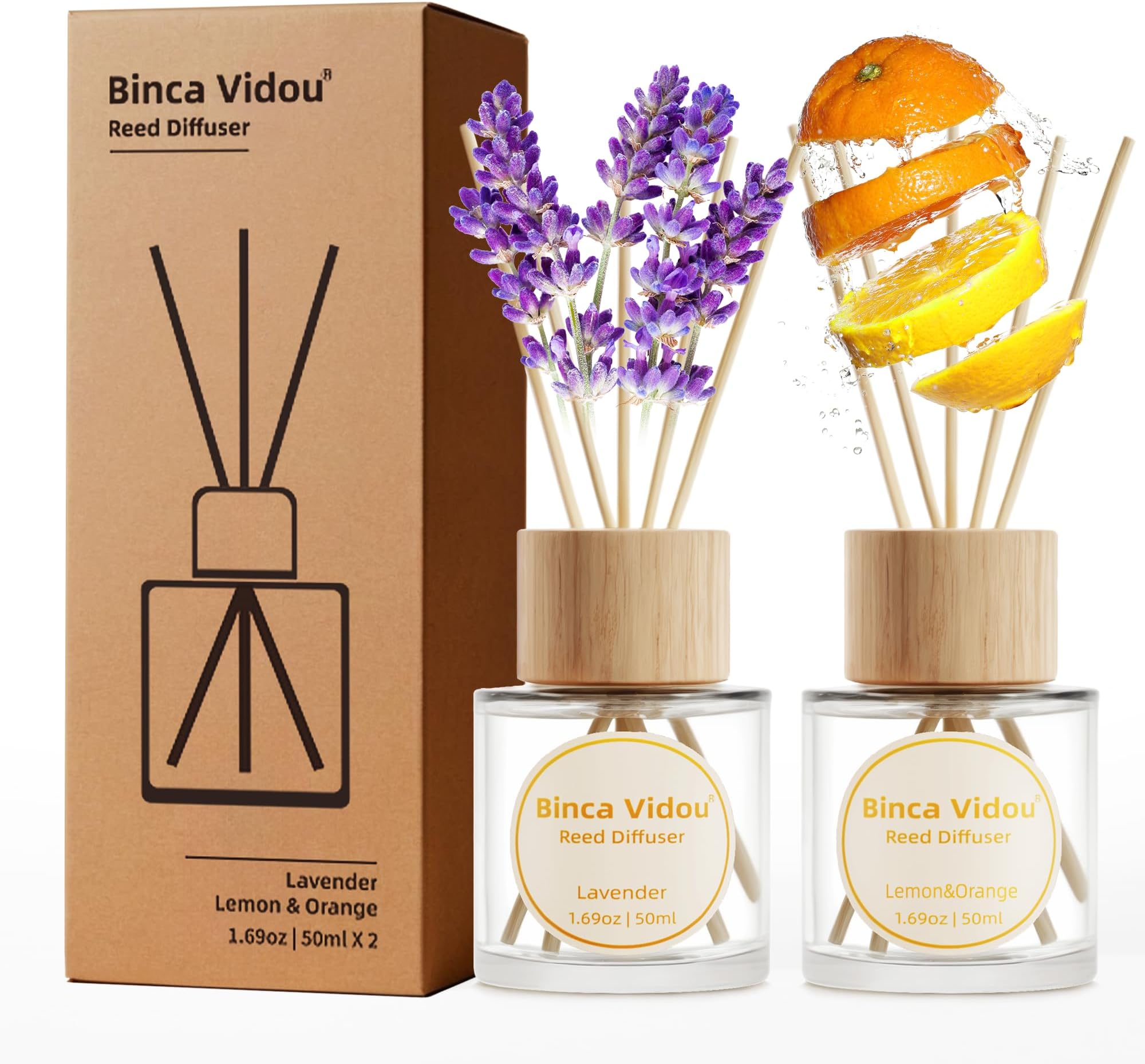 Reed Diffuser Set, Binca Vidou Lavender Orange & Lemon Natural Scent Oil Diffusers with Sticks for Home Office Bathroom Aromatherapy Decor 1.69oz x 2
