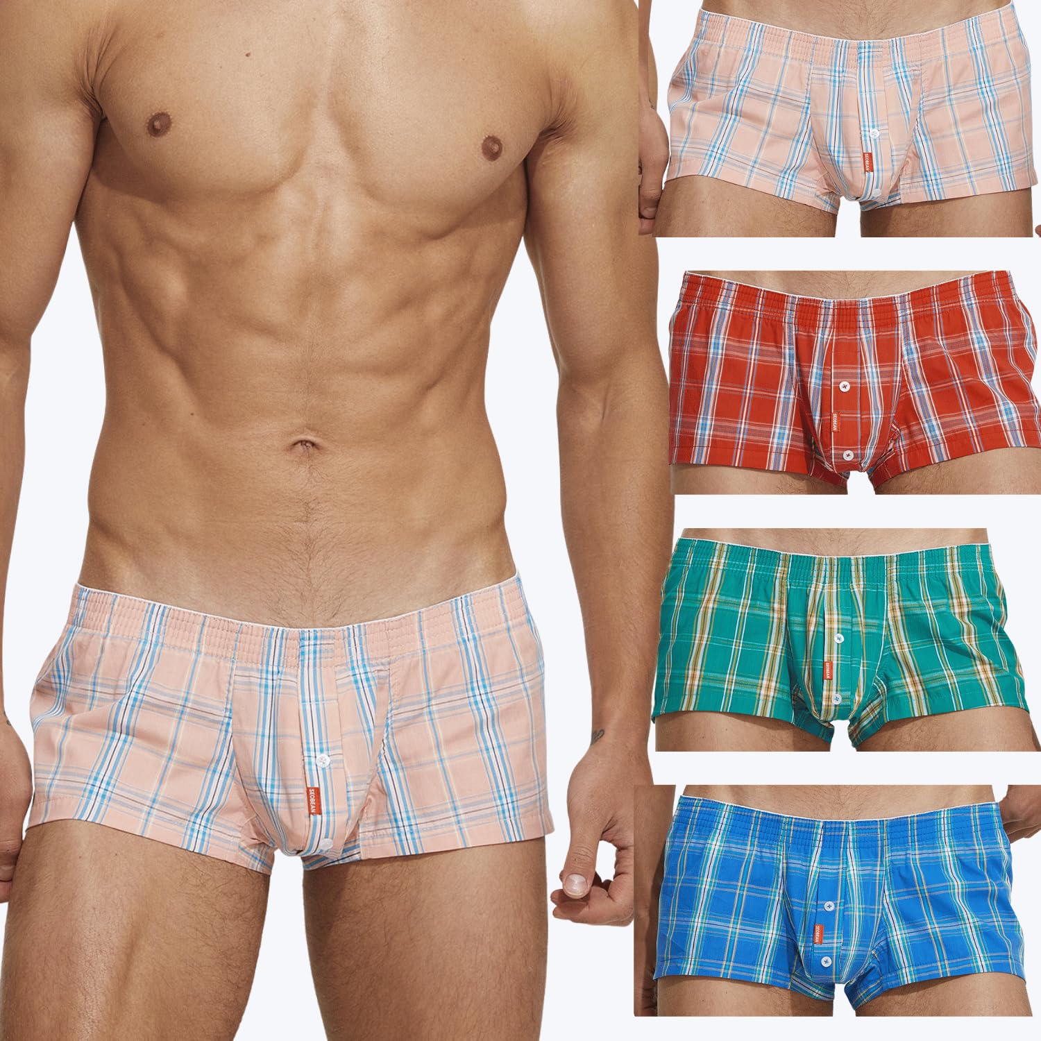 SEOBEAN Herren Boxershorts Low Rise Trunks 100% Baumwolle – Mini Fit, Kariertes Design, atmungsaktiv mit Eingriff