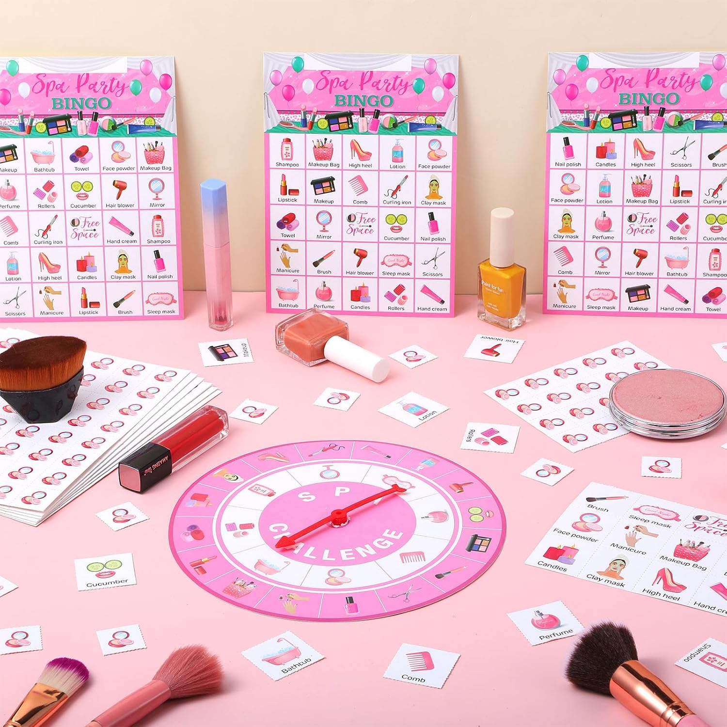 Capoda Spa Party Bingo Game for 24 Players Adults Pink Makeup Bingo Cards with Turntable Marking Cards Beauty Themed Games for Women Sleepover Bachelorette Slumber Family Friends Group Party Favors