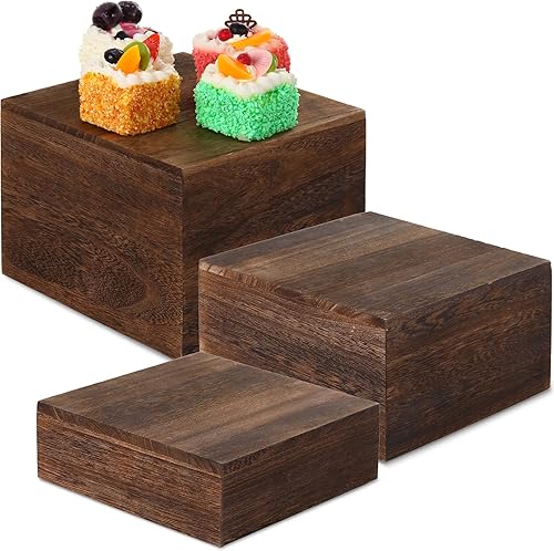 Soporte de madera apilable para cupcakes, 3 piezas, soporte de exhibición cuadrado de madera rústica, caja para almacenamiento de aperitivos de