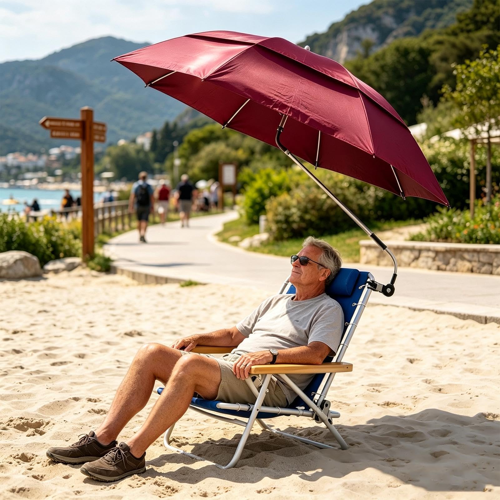 Sombrilla Silla Playa, Sombrilla de Playa con Abrazadera, Sombrillas Playas | Orientación Regulable, Protección UV UPF 50+ con Doble Capa, Para Sillas de Playa, Cochecito y Carritos de Golf
