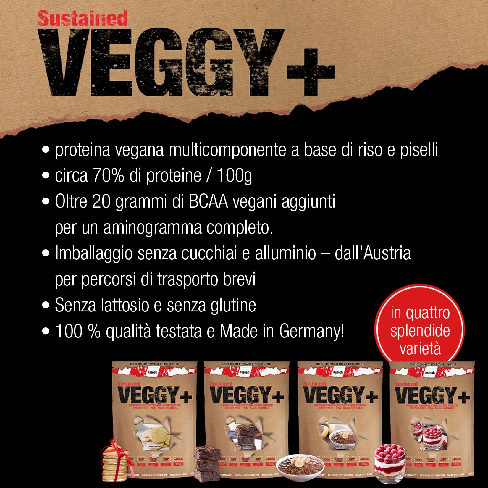 sinob Veggy+ (Brownie al Cioccolato) Polvere di Proteine Vegane a Base di Proteine in Polvere di Riso e Piselli + BCAA. 1 x 900 g