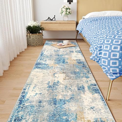 Miniatura 3 de Morebes Alfombra de pasillo lavable con parte trasera de goma, moderna alfombra azul de 2 x 8 pulgadas, antideslizante, abstracta, suave, esponjosa,