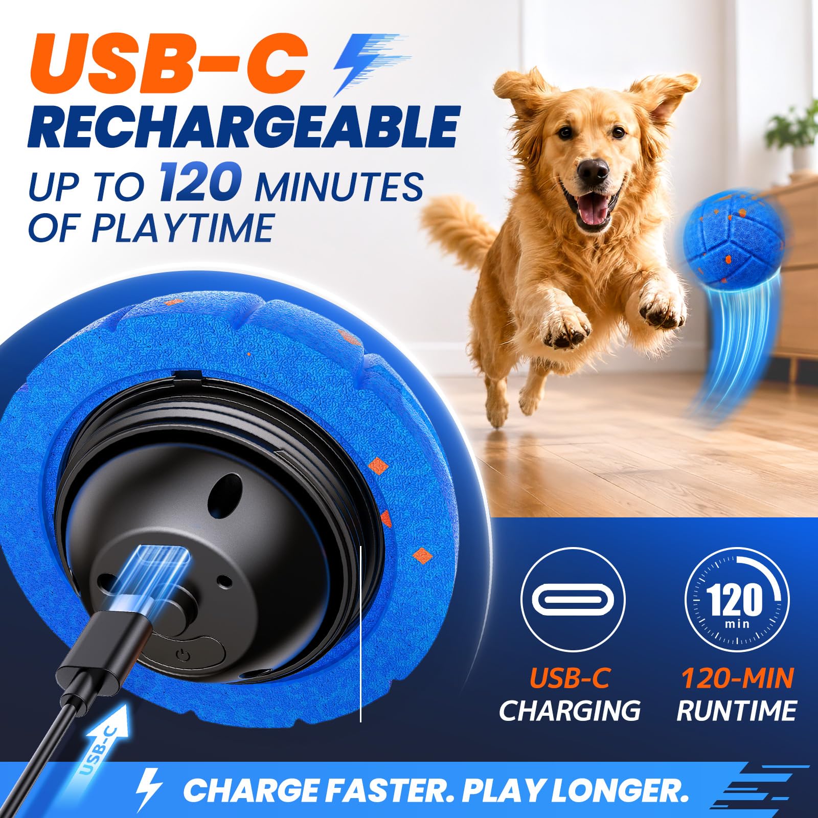 Juguete interactivo inteligente para perros para mantenerlos ocupados, movimiento automático, material E-TPU, 3 modos interactivos, IPX7 impermeable, recargable por USB, bola rodante activa para