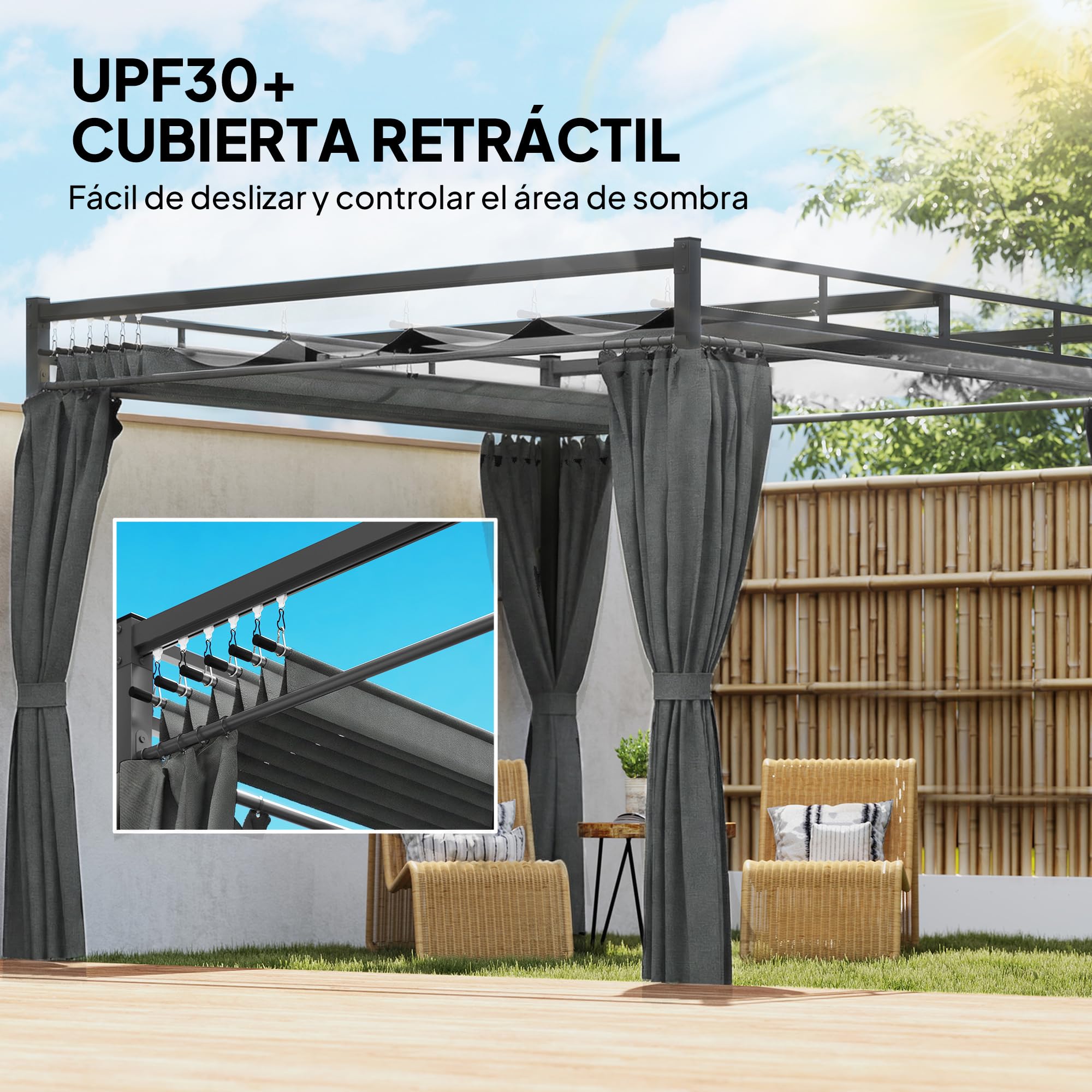 Outsunny Pérgola de Jardín 3x3 m con Techo Retráctil y 4 Cortinas, Cenador de Jardín con Protección UV30+, Impermeable, Estructura Metálica, Pabellón para Patio, Terraza, Exterior, Gris Oscuro — view 3
