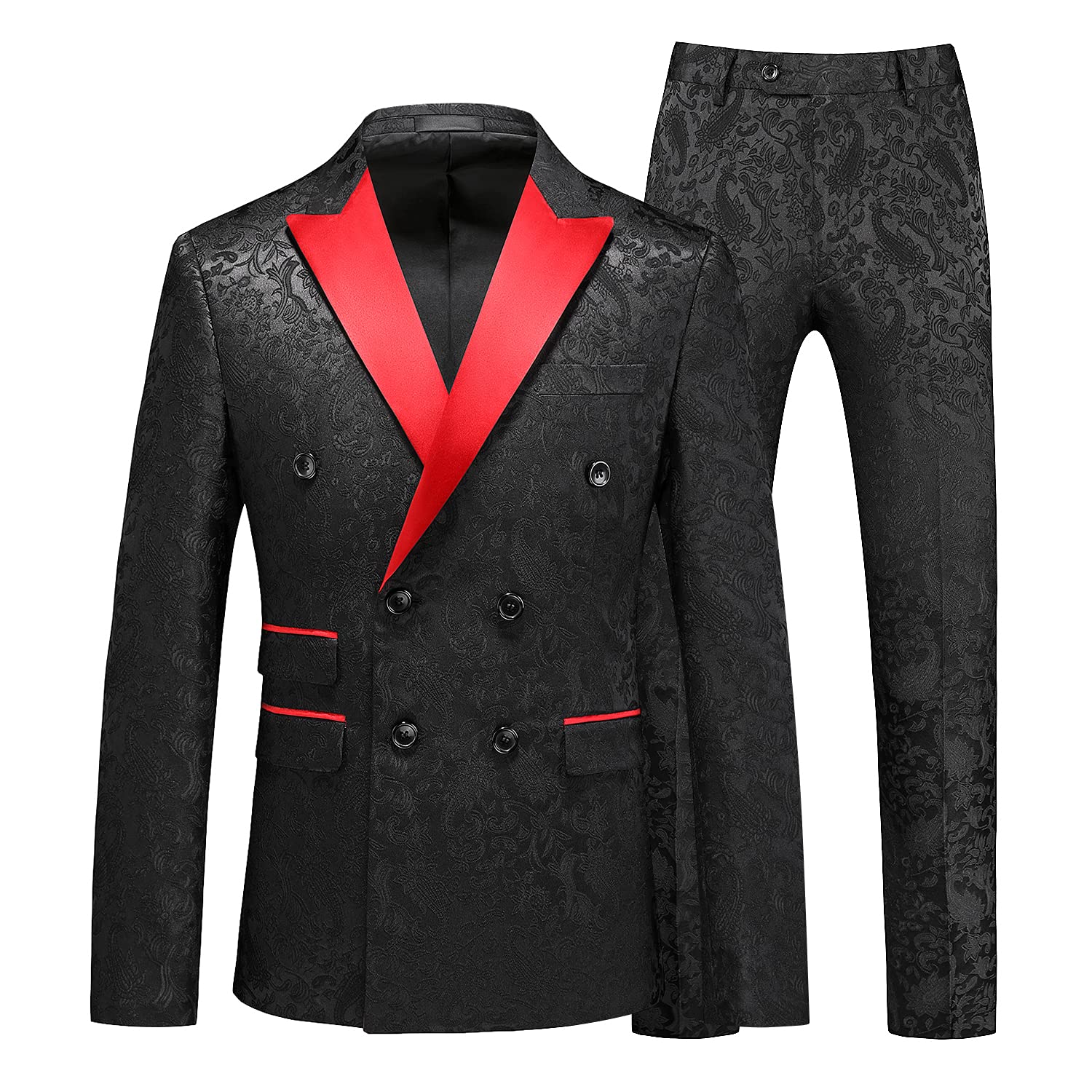 MOGU Mens 2 Piece Double Breasted Tuxedo Slim Fit Jacquard Floral Vintage Groomsmen Wedding Prom Suit
