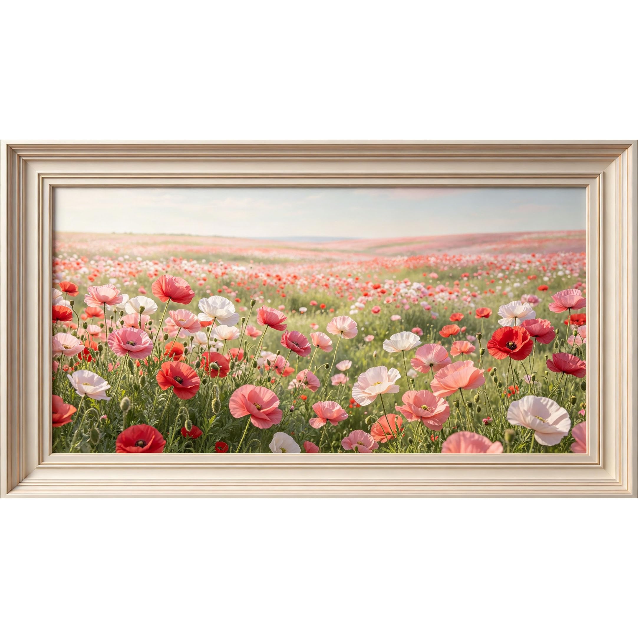 QZLITHOTIC 50×90cm3D Framed Wall Art， Vibrant Pink Floral Meadow Landscape， WaterActivated Peel & Stick Fabric Decor Wall Decal for Bedroom Living Room