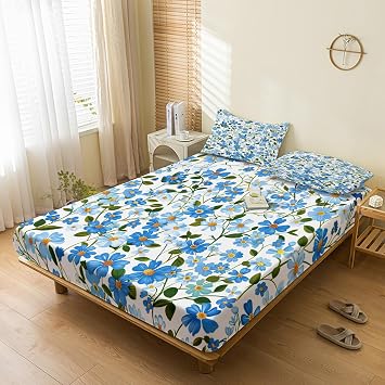 Blue Flower Sheets Split King for Adjustable Bed, Floral Garden Botanical Sheet Set, Nature Bedding Bedroom Decor, Microfiber Deep Pocket 2 Fitted Sheets & Flat Sheet & 2 Pillowcases