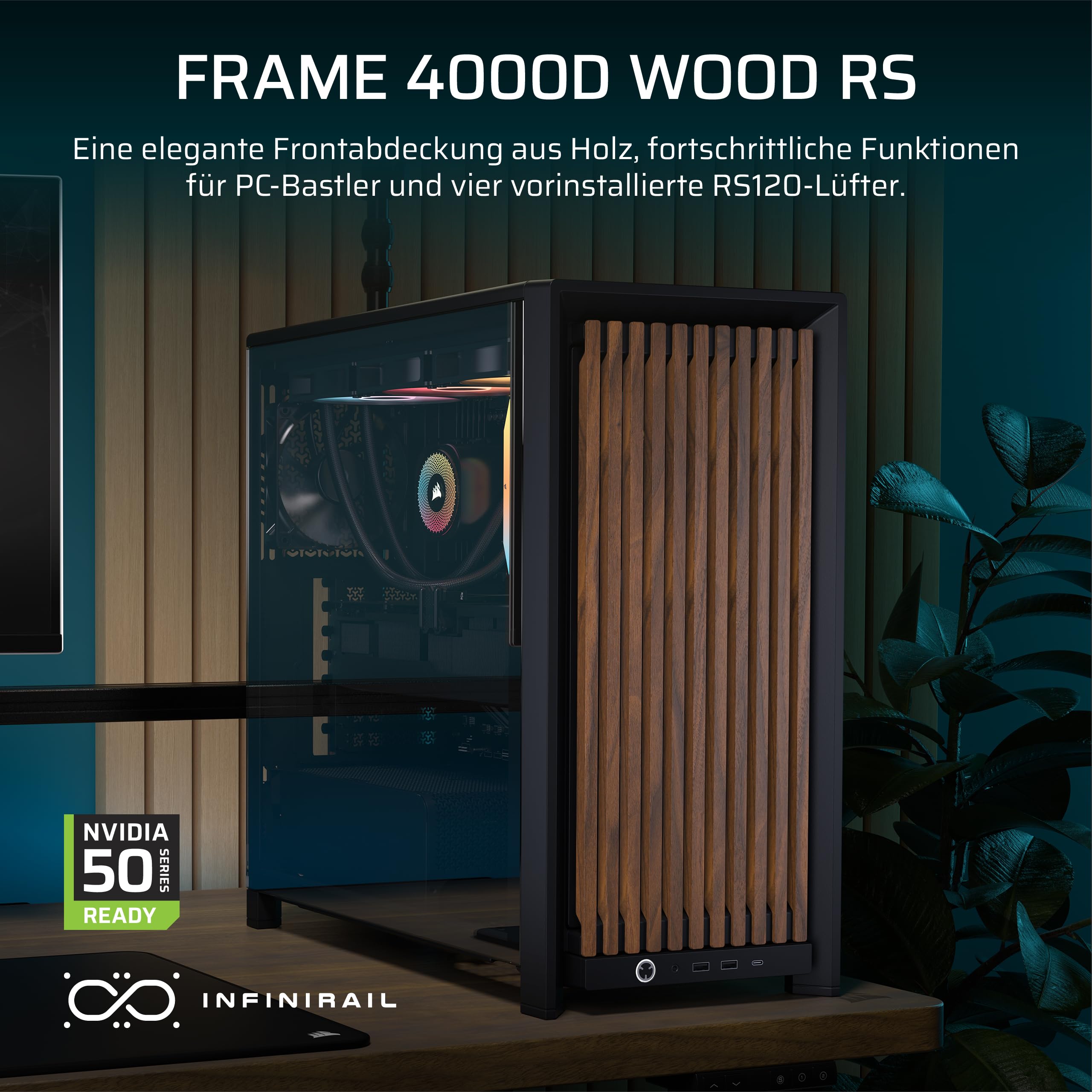 CORSAIR Frame 4000D Wood RS Mid-Tower-ATX-PC-Gehäuse – Schwarz & Walnuss | Modulares, Holzfrontpanel, 4x RS120 PWM-Lüfter Enthalten, InfiniRail-Lüfterhalterungssystem, GPU-Anti-Sag-Stabilisierungsarm