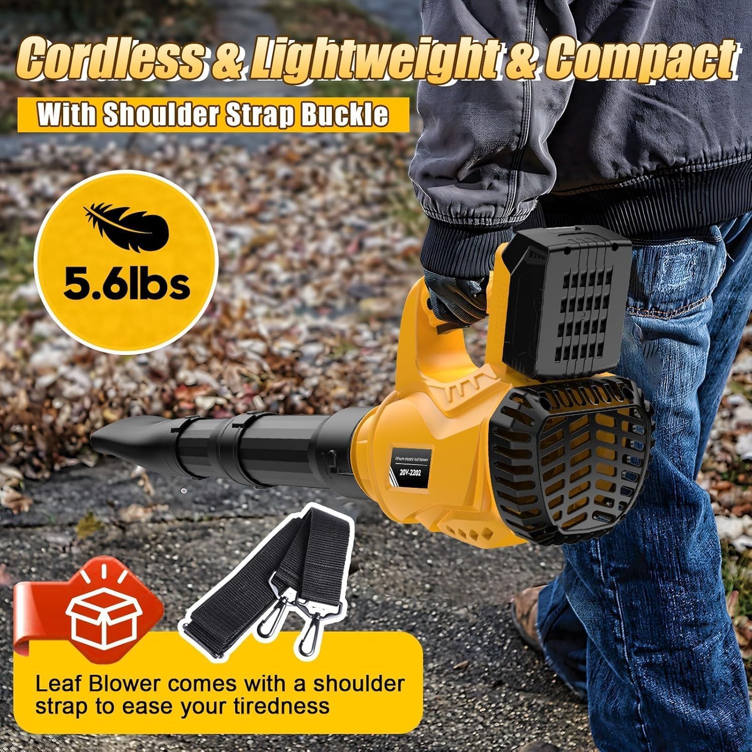 Souffleur électrique sans Fil Compatible avec Batterie Dewalt 20 V 300 km/h Vitesse de l'air Ventilateur sans Fil 6 Niveaux de Vitesse Souffleur à Feuilles, Portable pour Cour Pelouse Jardin (Jaune)