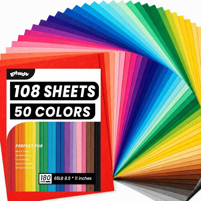 108 hojas de cartulina de colores de 8.5 x 11 pulgadas, 50 colores surtidos, 180 g/m²/65 lb, papel de construcción, papel de impresora para manualidades, impresión, álbumes de recortes, decoraciones de fiestas, suministros de arte escolar