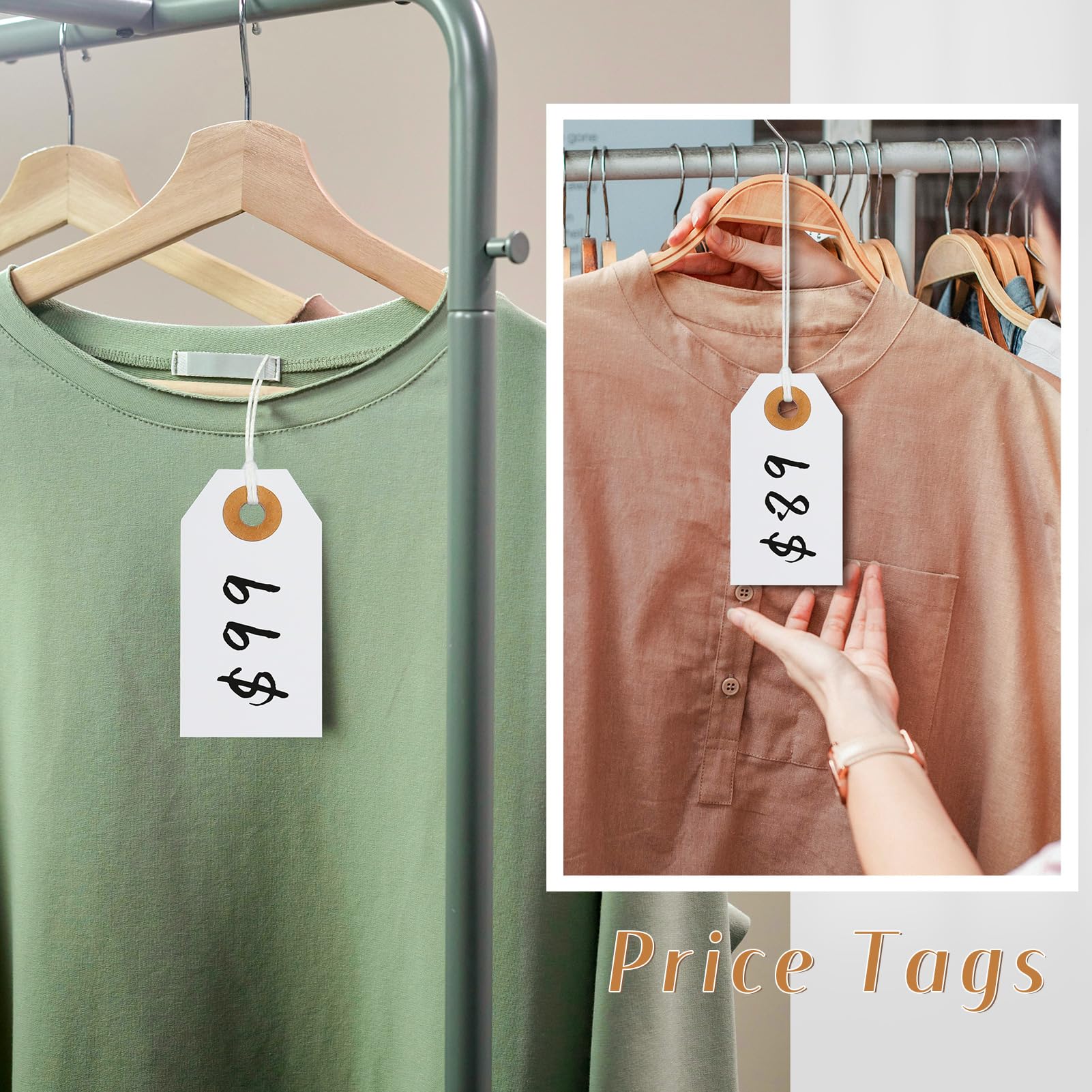 Hanqing Price Tags with String, 100 Pcs Hang Card with Reinforced Hole, Blank Paper Display Tags for Luggage Clothing, Gifts - Image 3