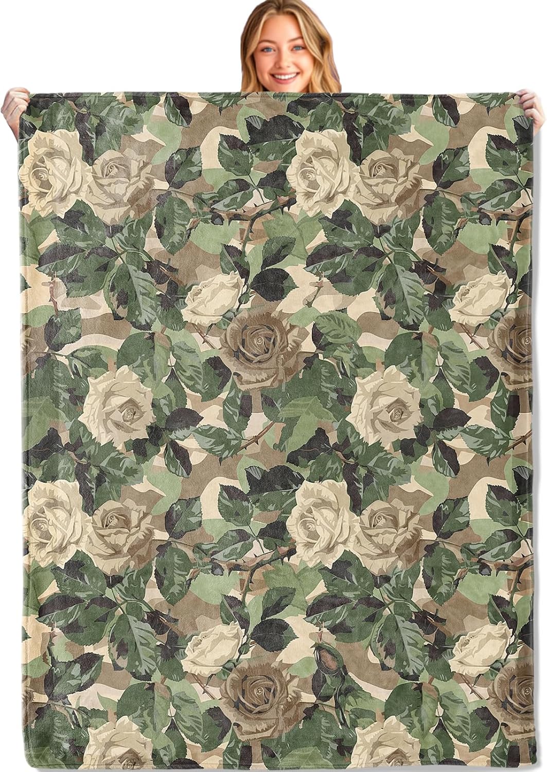 Camo Floral Rose Throw Blanket,60x80in,Soft,Lightweight Flannel,Green Brown Flower Blankets - Gifts for Women Adult,for Couch Office Travel,Home Living Room Bed Decor