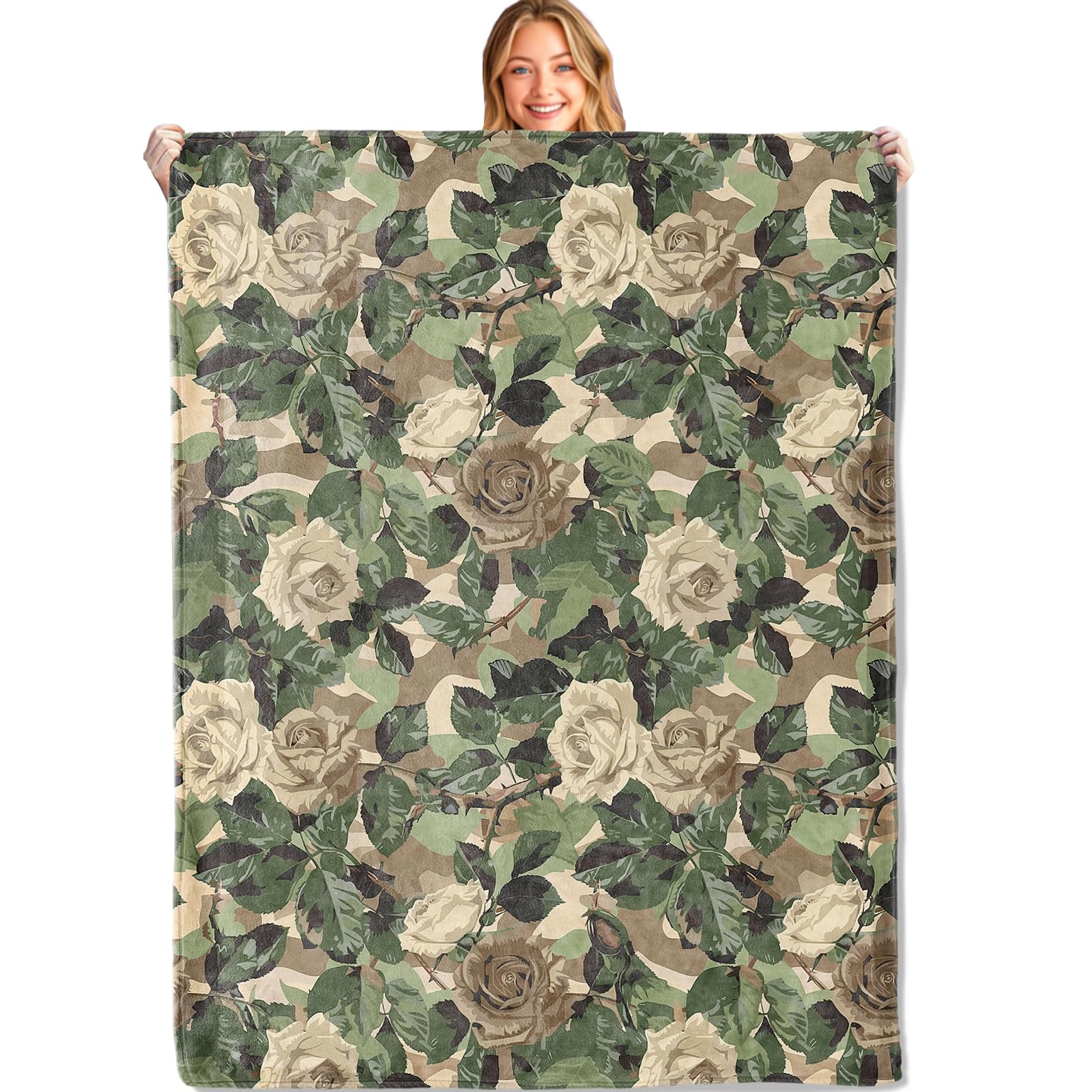MIEPOS Camo Floral Rose Throw Blanket,60x80in,Soft,Lightweight Flannel,Green Brown Flower Blankets - Gifts for Women Adult,for Couch Office Travel,Home Living Room Bed Decor