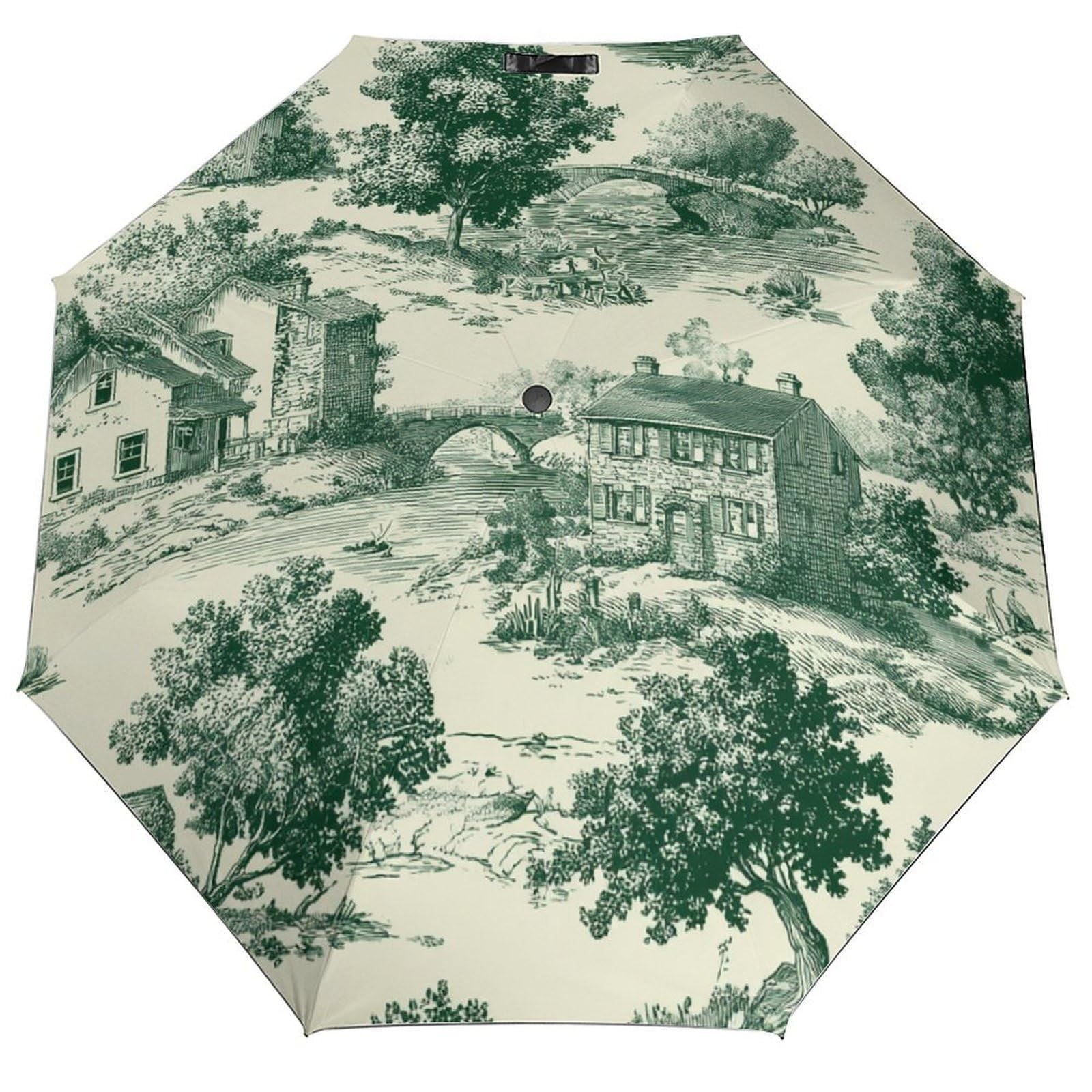 Parapluie pliant toile de Jouy verte cottagecore 3 plis accessoire pluie femme et homme - 8