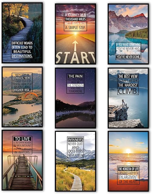 9 Pieces Inspirational Quote Wall Art Prints Motivational Landscape Posters Unframed Positive Saying Wall Art Printing Decoration for Classroom Office Living Room Bedroom College Dorm, 17 x 11 Inch