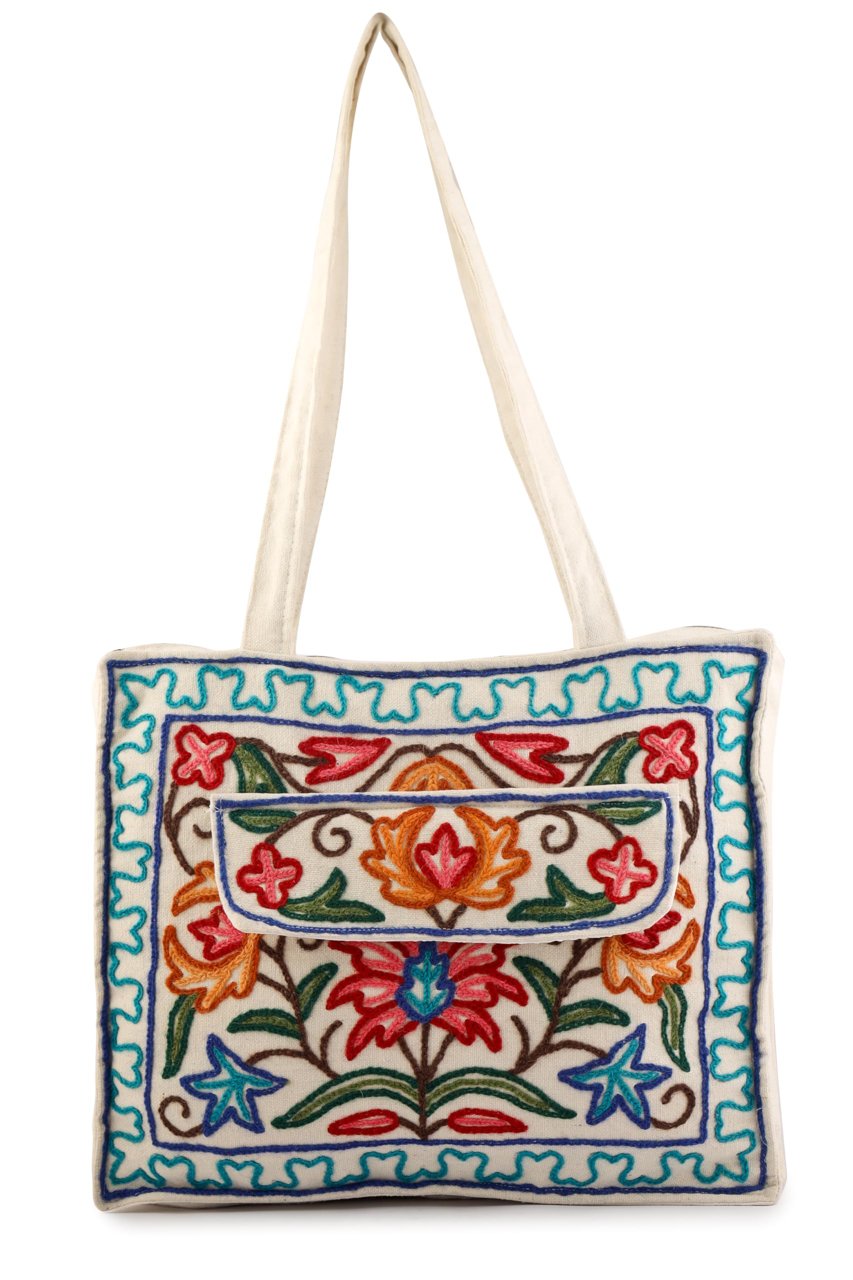 Kashmiri Hand Embroidered Pure Cotton Tote Handbag For Women, Boho Ethnic Shoulder Bag Floral Aari Embroidered Bag, Hobo Crossbody Purse, Handmade Chain Stitch Embroidered, Gift Bag For Women-image-22