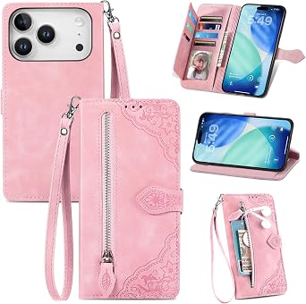 Cases for iPhone 17 Pro Wallet Case for Women with Card Holder Retro Embossed Flower Zipper Wallet PU Leather Flip Cover with Detachable Lanyard for Apple iPhone 17 Pro 6.3" Pink