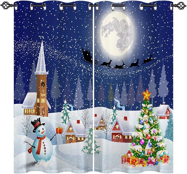 ANHOPE Christmas Curtains Eyelet 80% Blackout Room Darkening Curtains with Xmas Tree Snowman Santa Claus Print Pattern Light Blocking Window Drapes for Bedroom Living Room 46 x 54 Inch Drop 2 Panels