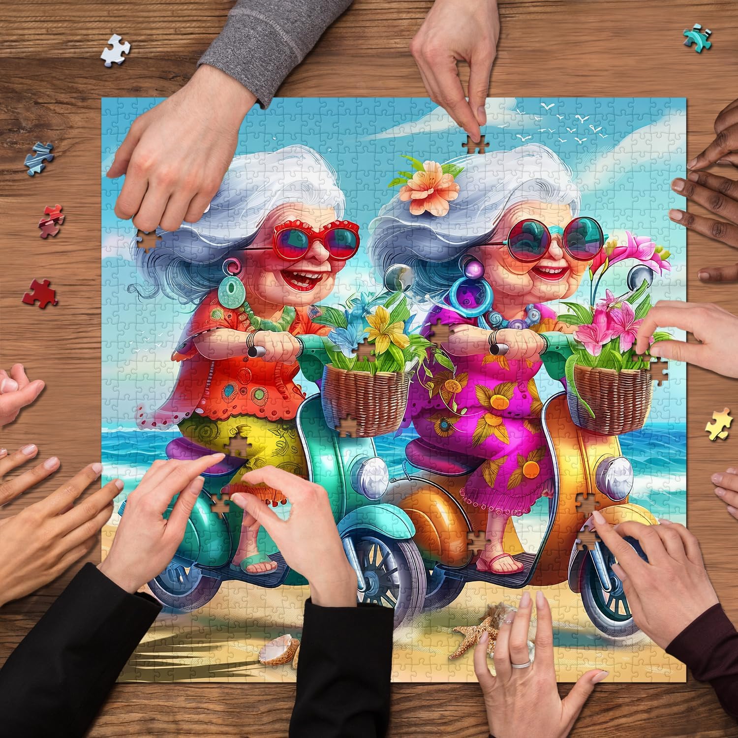 Summer Beach 1000 Piece Puzzle for Adults, PICKFORU Funny Beach Ride Jigsaw Puzzles, Unique Difficult Grandma Motorcycle Theme as Home Decor